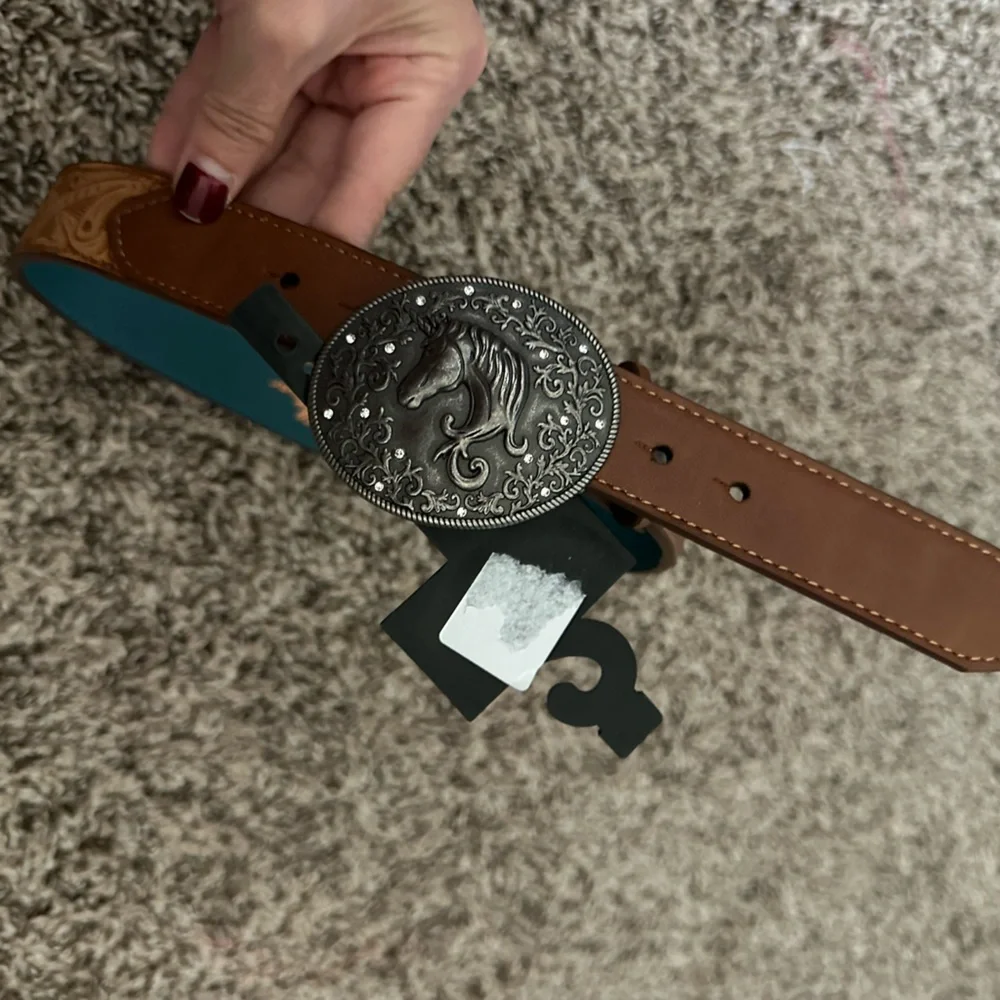 Girls Brown Leather Belt with Silver Horse Buckle